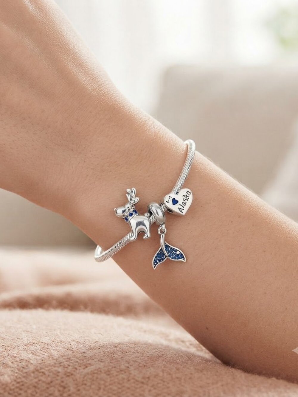 Silver charm bracelet I love Alaska whale tail reindeer charm with blue crystals